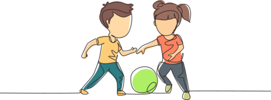 kontinuerlig ett linje teckning pojke och flicka spelar fotboll tillsammans. två Lycklig liten barn spelar sport på lekplats. barn sparkar boll förbi fot mellan dem. enda linje design grafisk png