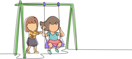 Single kontinuierlich Linie Zeichnung wenig Mädchen schwingen auf schwingen und ihr Freund geholfen drücken von hinter. Kinder spielen schwingen zusammen im Öffentlichkeit Park Spielplatz. einer Linie Grafik Design Illustration png