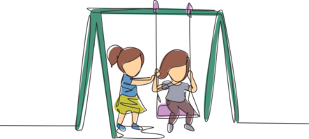 Single one line drawing cute little girl swinging on swing and her friend helped push from behind. Kids playing swing together in kindergarten playground. Continuous line draw design graphic png
