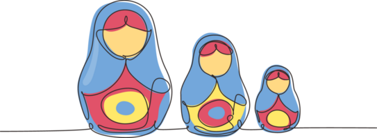 contínuo 1 linha desenhando matryoshka russo aninhamento bonecas do diferente tamanhos, lembrança a partir de Rússia. tradicional russo matryoshka bonecas lembrança. solteiro linha Projeto gráfico ilustração png