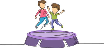 Single one line drawing two smiling boys jumping on trampoline together. Happy kids jumping on round trampoline. Active children outdoors games. Continuous line draw design graphic illustration png