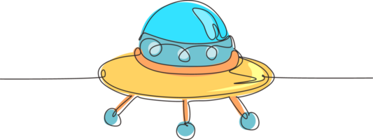 Single continuous line drawing UFO plane toys icon. UFO design concept from Astronomy collection. Cute astronauts flying on UFO spaceship. Dynamic one line draw graphic design illustration png