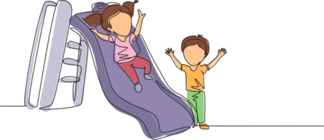 Single one line drawing preschool kids playing together in kindergarten. Little girl sliding down the slide and smiling boy seeing her on side of slide. Continuous line draw design graphic png