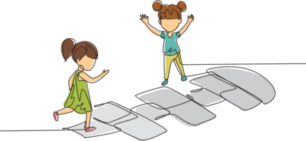 une seule ligne dessinant deux petites filles jouant à la marelle dans la cour de la maternelle. enfants jouant à la marelle à l'extérieur. terrain de hop scotch dessiné à la craie. vecteur graphique de conception de dessin en ligne continue png