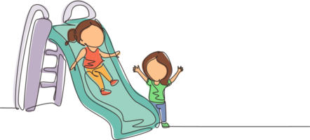 Single one line drawing smiling preschool girl sliding down slide and happy friend seeing her on side of slide. Kids playing together on playground. Modern continuous line draw design graphic png