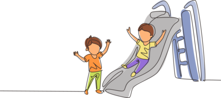 Continuous one line drawing smiling preschool boy sliding down slide and happy friend seeing him on side of slide. Kids playing together on playground. Single line design graphic illustration png