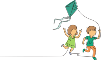 Single continuous line drawing little boy and girl flying kite. Siblings playing together. Kids playing kite in playground. Children with kites game and they look happy. One line draw graphic design png