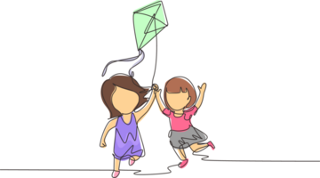 Single one line drawing two girl playing to fly kite up into sky at outdoor field. Kids playing kite in playground. Children with kites game and they look happy. Continuous line draw design graphic png