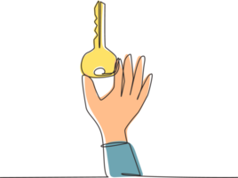 Single continuous line drawing hand holding modern key to unlock door. Hand holds key. Find the key to solve problems, opportunity, business solution. One line draw graphic design illustration png