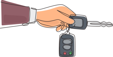 Single one line drawing hand holding car key and alarm system. Male hand holding car key with alarm keychain. Hand of car salesman manager holding key. Continuous line draw design graphic png