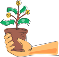 Single one line drawing hand with money plant in the pot. Money tree. Green cash banknotes with golden coins. Tree in a ceramic pot. Modern continuous line draw design graphic illustration png