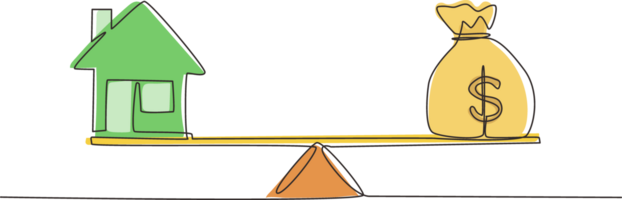 soltero continuo línea dibujo dinero y hogar, préstamo, hipoteca. cambio hogar dentro efectivo concepto. nosotros dólar en saco bolsa. equilibrar hogar y deuda en escamas. uno línea dibujar gráfico diseño ilustración png