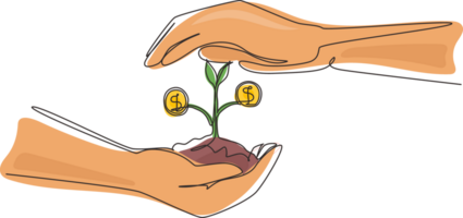 Single one line drawing hand holding money tree on nature field. Growing money tree. Concept for return money saving and investment. Modern continuous line draw design graphic illustration png