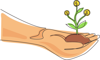 Continuous one line drawing close up image of human hands holding sprout of money tree. Concept of earnings, success in work, money, and investment. Single line draw design graphic illustration png