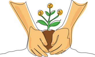 Single continuous line drawing farmer hands growing young money tree. Money tree investment growth income interest savings economy financial business. One line draw graphic design illustration png