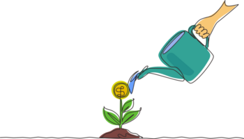 Continuous one line drawing hand holding watering can watering money plant at ground. Hand of businessman who pours money tree. Concept of earnings, success, money. Single line draw design png