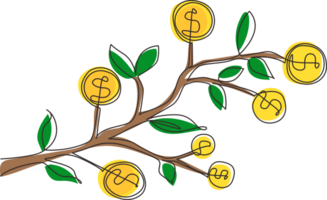 Continuous one line drawing dollar symbol hanging from tree branch. Money tree. Green cash banknotes with golden coins. Concept for return money investment. Single line draw design illustration png