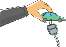 Single one line drawing man handing over keys. Car rental for sale. Hand holding car key with alarm keychain. Hand of car salesman manager holding key. Continuous line draw design graphic png