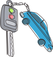 Single one line drawing key car and key ring over the metallic table. Clipping path included. Electronic car key front and back view and alarm system. Modern continuous line draw design graphic png