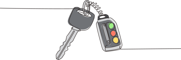 Continuous one line drawing realistic car keys black color isolated on white background. Set of electronic car key front and back view and alarm system. Single line design graphic illustration png