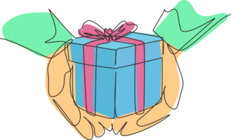 Single one line drawing woman holding small present box in hands. Romantic surprise for friends. Birthday presents cardboard box with ribbon. Continuous line draw design graphic illustration png