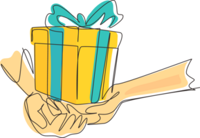 Continuous one line drawing female hands holding beautiful small gift wrapped with ribbon. Romantic surprise. Birthday presents cardboard box with ribbon. Single line draw design illustration png