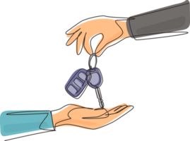 Continuous one line drawing car seller hand giving key and alarm system to buyer. Car rental for sale concept. Hand of car salesman manager holding key. Single line draw design illustration png