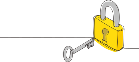 Single continuous line drawing lock and key, isometric image. Key and lock. Safety lock with key icon image. Success, solution, opportunity and safety concept. One line draw graphic design png