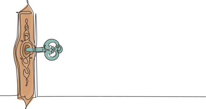 Continuous one line drawing old key in keyhole. Gothic style. Key to knowledge. Concept and Idea for history, education, business, security. Single line draw design graphic png