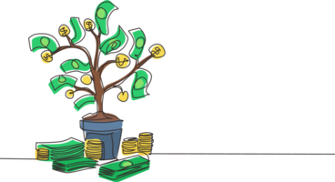 Single continuous line drawing money tree. Green cash banknotes with golden coins. Tree in ceramic pot. Concept of earnings, success in work, money. One line draw graphic design illustration png