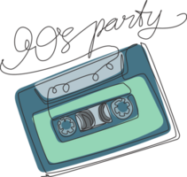 Single kontinuierlich Linie Zeichnung alt Slogan mit Musik- Kassette. Slogan 90er Jahre Party. Bild zum Drucken auf T-Shirt, Kleidung, Postkarte, Hintergrund, Banner. einer Linie zeichnen Grafik Design Illustration png