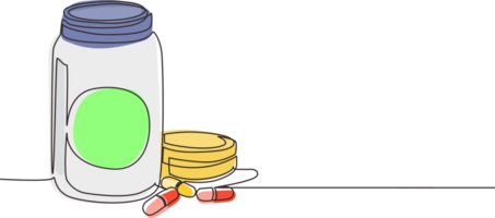 Single continuous line drawing pill bottle. Medical capsules container. Tablet pills medical drug pharmacy care and tablet pills antibiotic pharmaceutical. Dynamic one line draw graphic design png