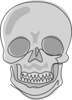 Single kontinuierlich Linie Zeichnung skizzieren Schädel. Hand gezeichnet anatomisch Schädel im Vorderseite Projektion. tätowieren Kunstwerk, Anatomie Gesicht Halloween Grusel Elemente. dynamisch einer Linie zeichnen Grafik Design png