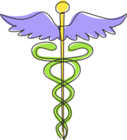 single doorlopend lijn tekening caduceus, medisch centrum, apotheek, ziekenhuis met populair symbool van geneesmiddel. medisch Gezondheid zorg icoon logo. dynamisch een lijn trek grafisch ontwerp illustratie png