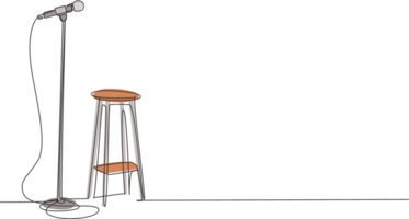 Single continuous line drawing microphone and stool on stand up comedy stage. Equipment at night club or bar for stand up comedian performance. Dynamic one line draw graphic design illustration png