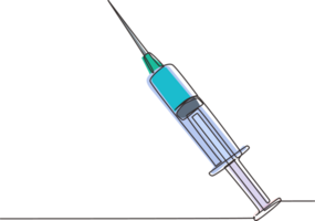 Single one line drawing medical disposable syringe with needle. Applicable for vaccine injection, vaccination illustration. Plastic syringe with needle. Continuous line draw design graphic png