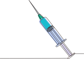 single een lijn tekening medisch beschikbaar injectiespuit met naald. van toepassing voor vaccin injectie, vaccinatie illustratie. plastic injectiespuit met naald. doorlopend lijn trek ontwerp grafisch png