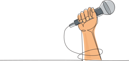 Single continuous line drawing microphone in hand, hand holding microphone in fist. Rock hand gesture holding microphone. Rock and roll music live. One line draw graphic design illustration png