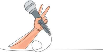 Continuous one line drawing child holding microphone on white background, closeup of hand. Mic with victory gesture. Karaoke kid sings song to microphone. Single line draw design illustration png