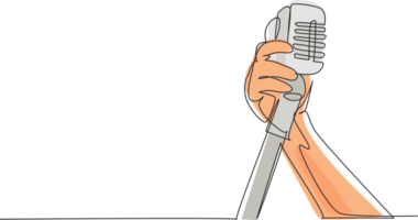 Continuous one line drawing hand holding a retro microphone over white background. Rock music live concert with old microphone. Mic for sing a song. Single line draw design graphic illustration png