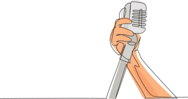 continu un ligne dessin main en portant une rétro microphone plus de blanc Contexte. Roche la musique vivre concert avec vieux microphone. micro pour chanter une chanson. Célibataire ligne dessiner conception graphique illustration png