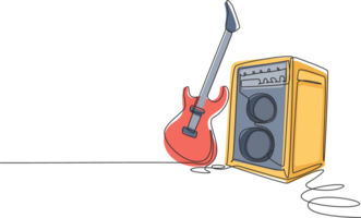 Single continuous line drawing electric guitar with amplifier. Rock music illuminated stage background with microphone electric guitar and speakers. One line draw graphic design illustration png