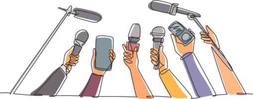 Continuous one line drawing hand with microphone. Journalism concept. Set of hands holding microphones. Press hands flat hand. Microphone. Journalist. Single line draw design illustration png