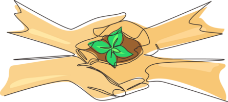 Single one line drawing two hands holding together young of a tree. Hands kids team work protecting and reduce global warming earth, top view. Continuous line draw design graphic illustration png