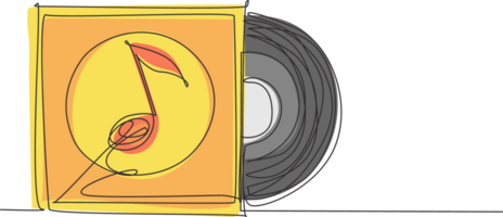 continuo uno linea disegno realistico vinile disco con copertina modello. tipografia con cuffie e suono onda. musica collezione. davanti Visualizza. singolo linea disegnare design grafico illustrazione png