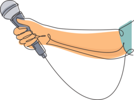 solteiro contínuo linha desenhando fêmea mão com microfone, em branco fundo. repórter televisão televisão notícia segurando microfone dentro dela mão. dinâmico 1 linha desenhar gráfico Projeto ilustração png