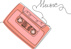 continu un ligne dessin la musique slogan avec cassette ruban illustration. rétro compact ruban cassette. ancien rouge l'audio cassette ruban dans griffonnage style isolé sur blanche. Célibataire ligne dessiner conception png