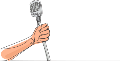 continu un ligne dessin main avec une rétro microphone. ancien gravure stylisé dessin. karaoké homme chante le chanson à vieux style microphone. Célibataire ligne dessiner conception graphique illustration png