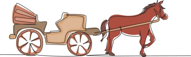 Single one line drawing vintage transportation, horse pulling carriage. Old carriage with a horse, a horse pulls a carriage behind him. Modern continuous line draw design graphic illustration png