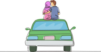 Célibataire continu ligne dessin deux content arabe les amoureux séance sur toit de voiture et Regardez à romantique paysage. content homme et femme célébrer mariage anniversaire. un ligne dessiner graphique conception png